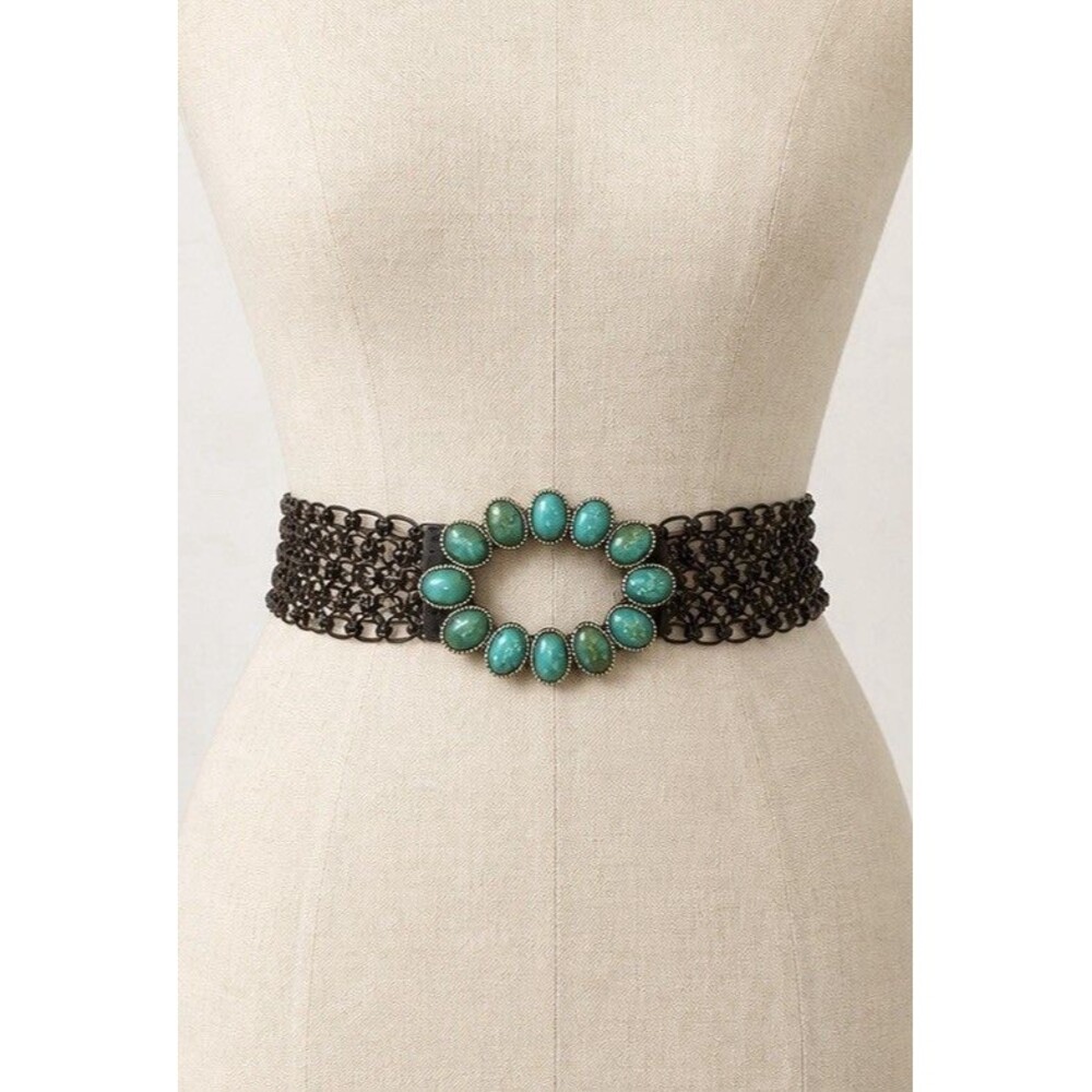 Boho Faux Turquoise Stone Statement Belt Brown Woven Leather Wide Western Belt